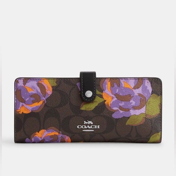 Coach Slim Wallet In Signature Canvas With Rose Print NWT - Picture 1 of 6